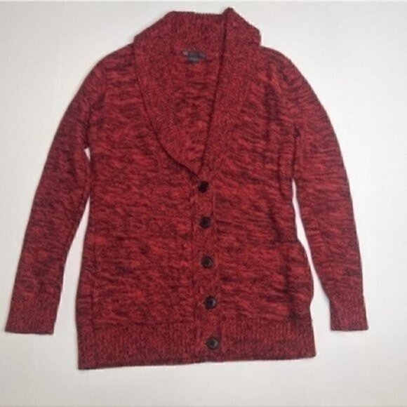 Armani Exchange Collared Cardigan Sweater Small Red Black Marble Knit Academia - Picture 1 of 6